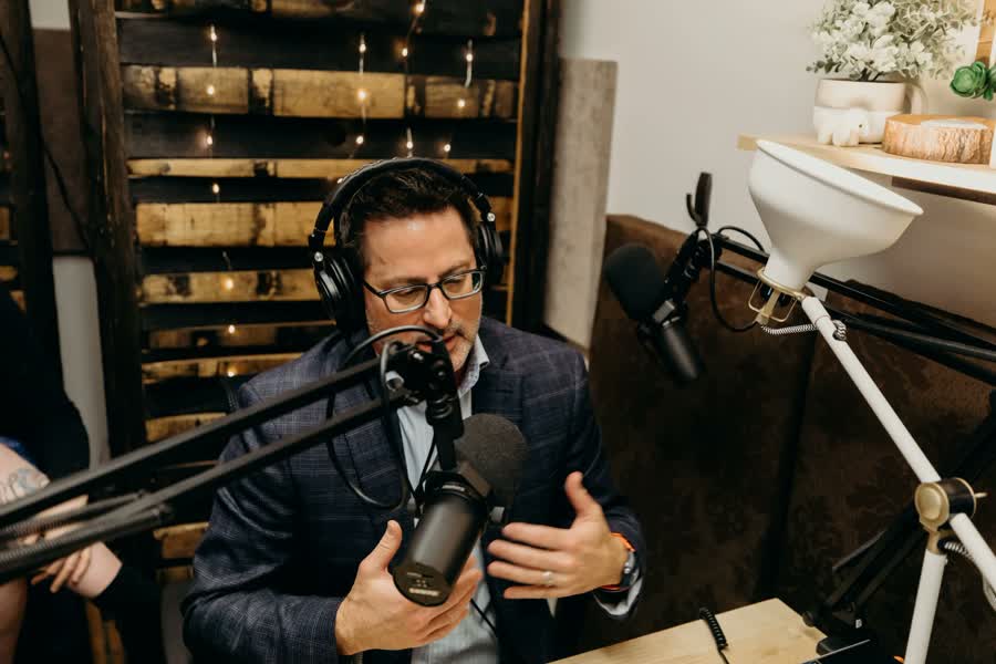 Stephen Linn recording a podcast